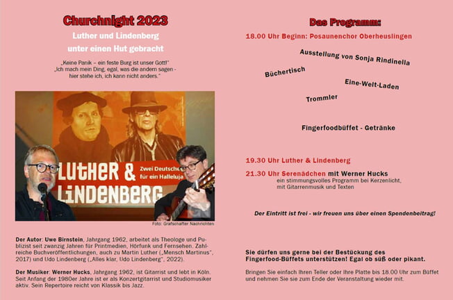 Churchnight "Luther & Lindenberg" ein panisch-theologischer Abend mit Werner Hucks und Uwe Birnstein